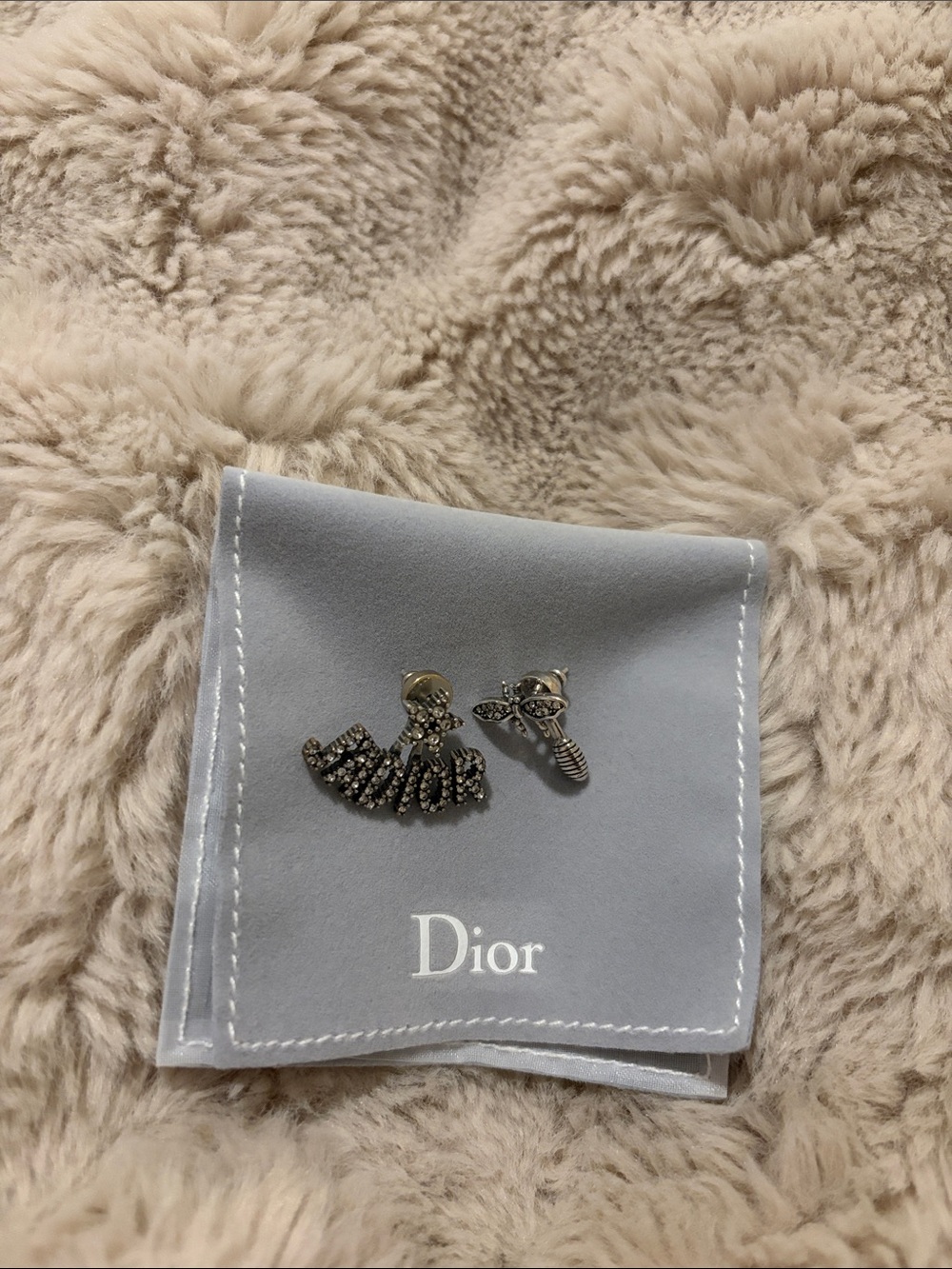 Dior Black Crystal Logo and Silver Bee Mismatch Earrings
